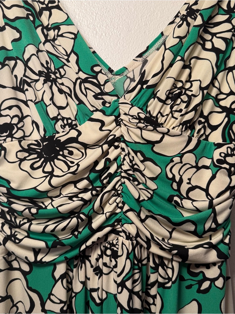 Bisou Bisou Green & Ivory Floral Print Y2K Midi Dress Ruche Detail Womens Size 8 - Picture 9 of 16